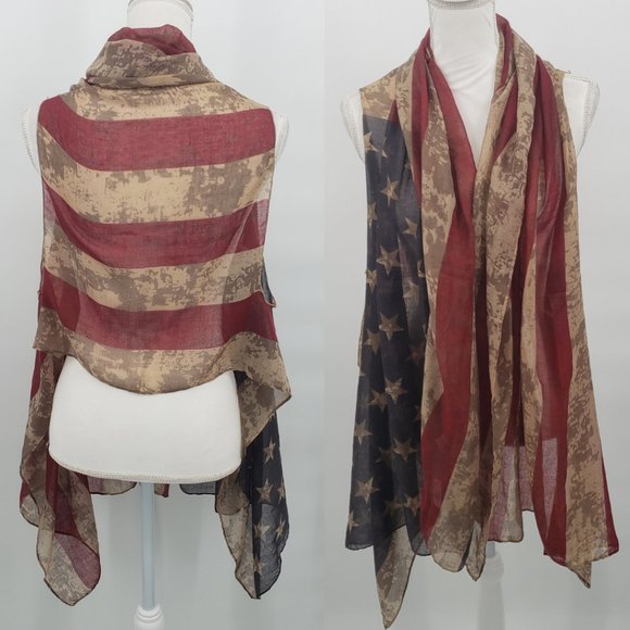 American Flag Scarf Vest Boho Antiqued Americana Festival One Size NWT - Picture 4 of 7